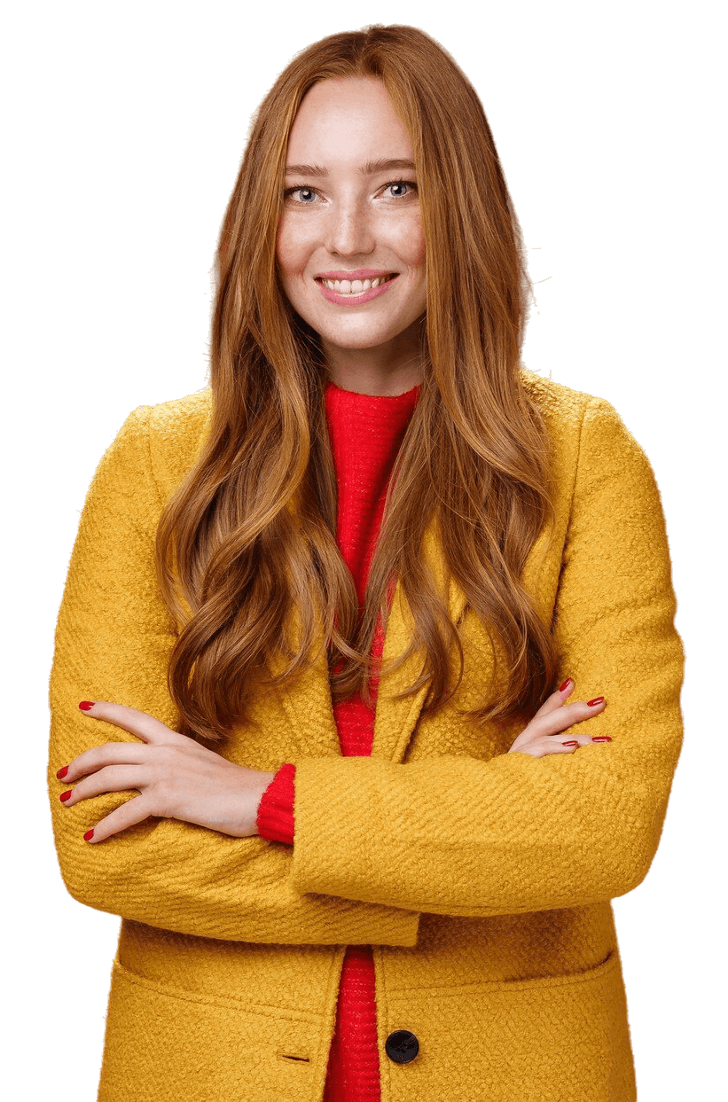 charming-successful-young-female-yellow-autumn-coat-smiling-broadly-holding-hands-crossed-body-confident-self-assured-pose-standing-delighted-happy-red-background-1